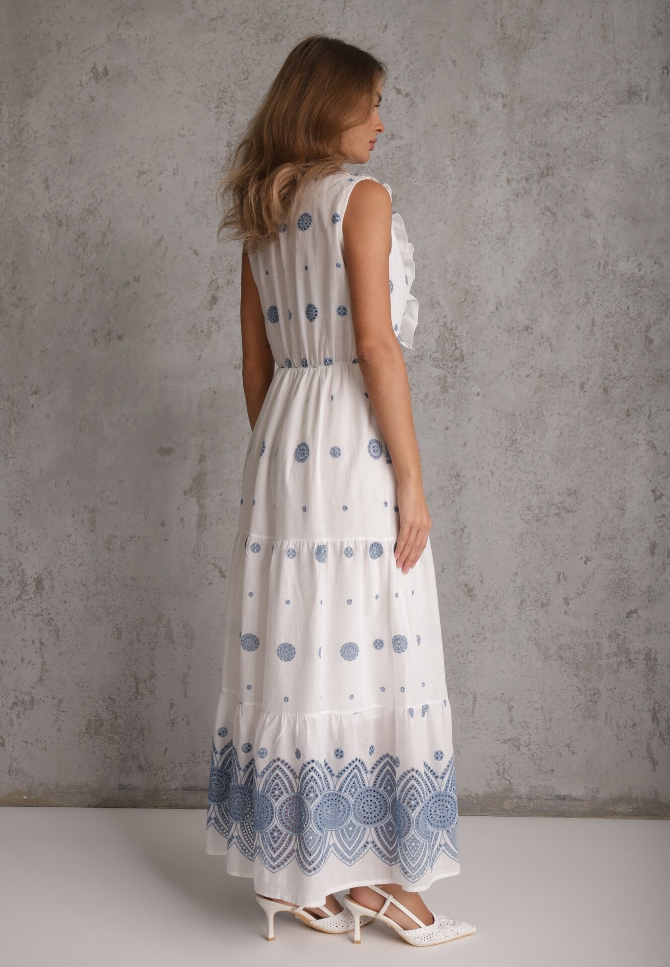 ambitionfly Rochie de vară Boho din bumbac cu broderie în modele și volănaș Alemite Albastră