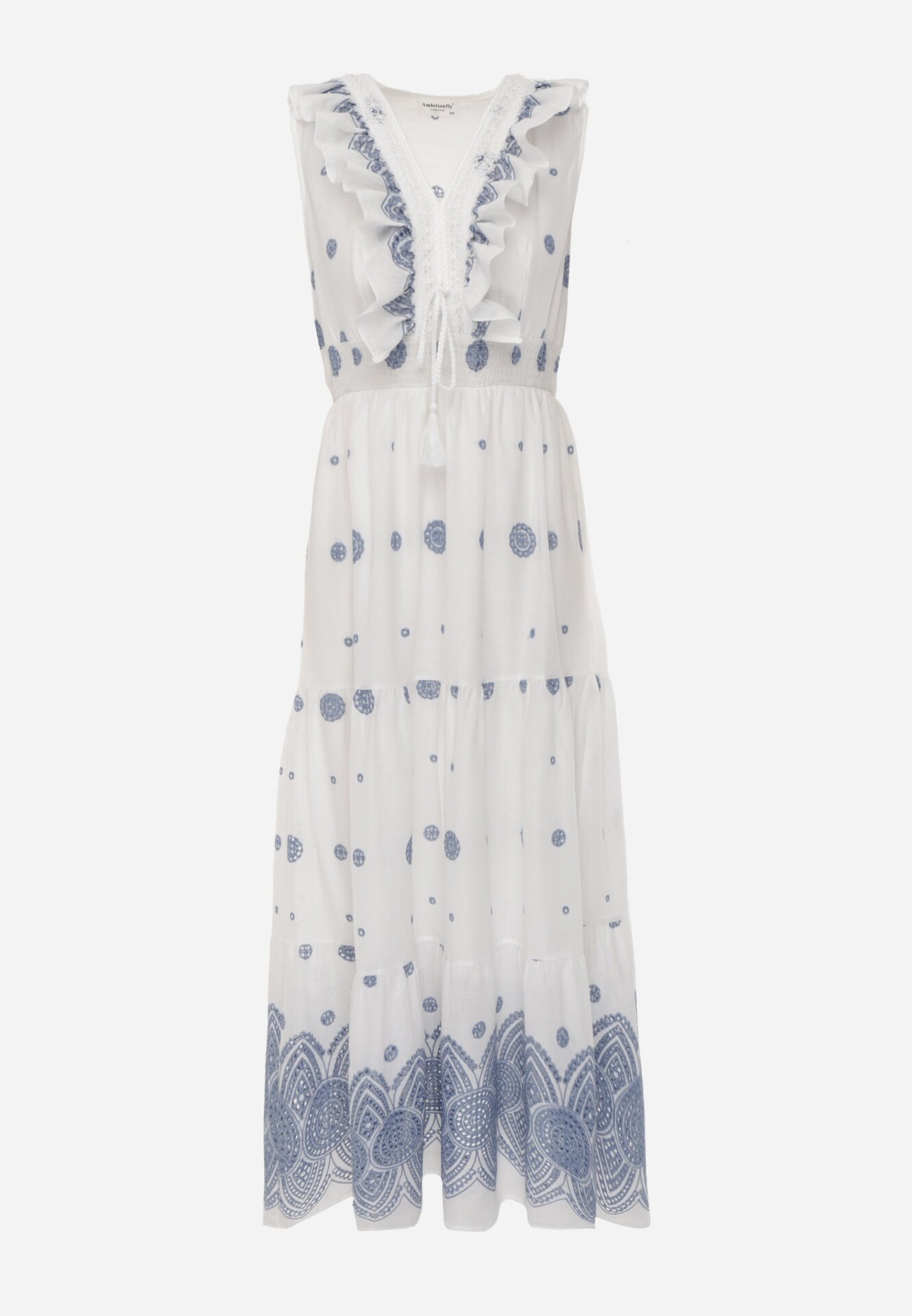 ambitionfly Rochie de vară Boho din bumbac cu broderie în modele și volănaș Alemite Albastră