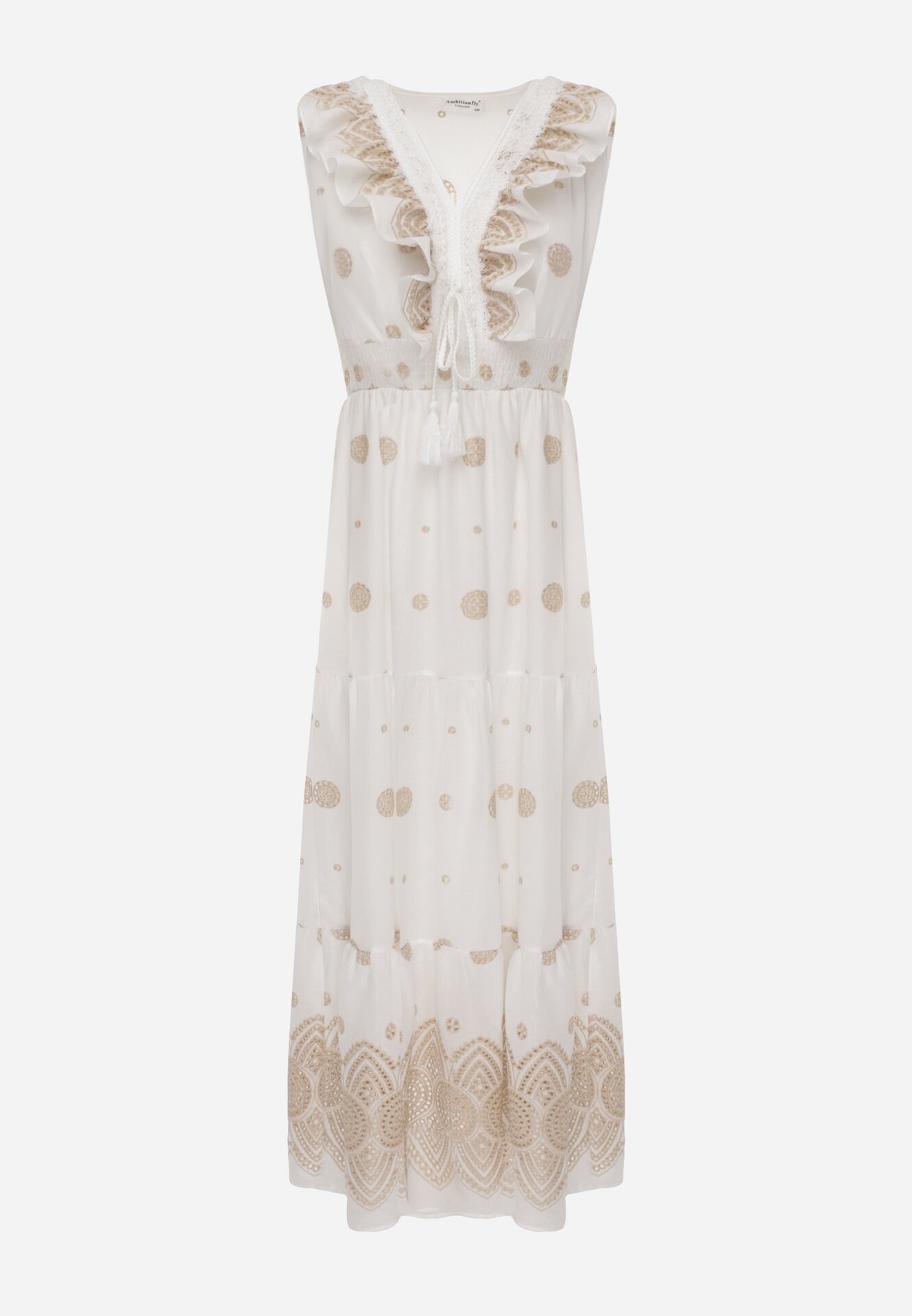 ambitionfly Rochie de vară Boho din bumbac cu broderie în modele și volănaș Alemite Bej