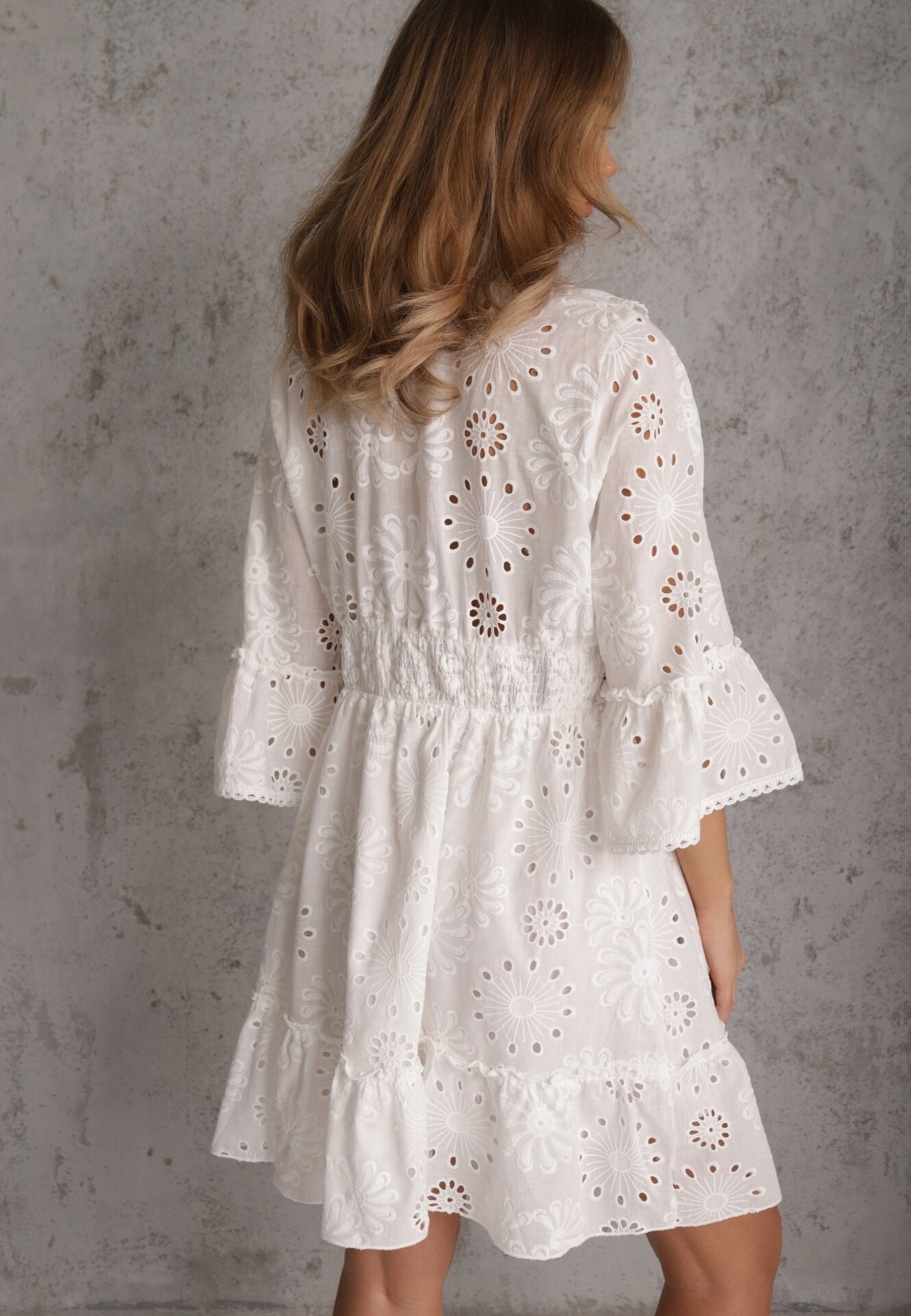 ambitionfly Rochie Mini Albă din Bumbac Decorată cu Broderii și Dantelă Qirelia