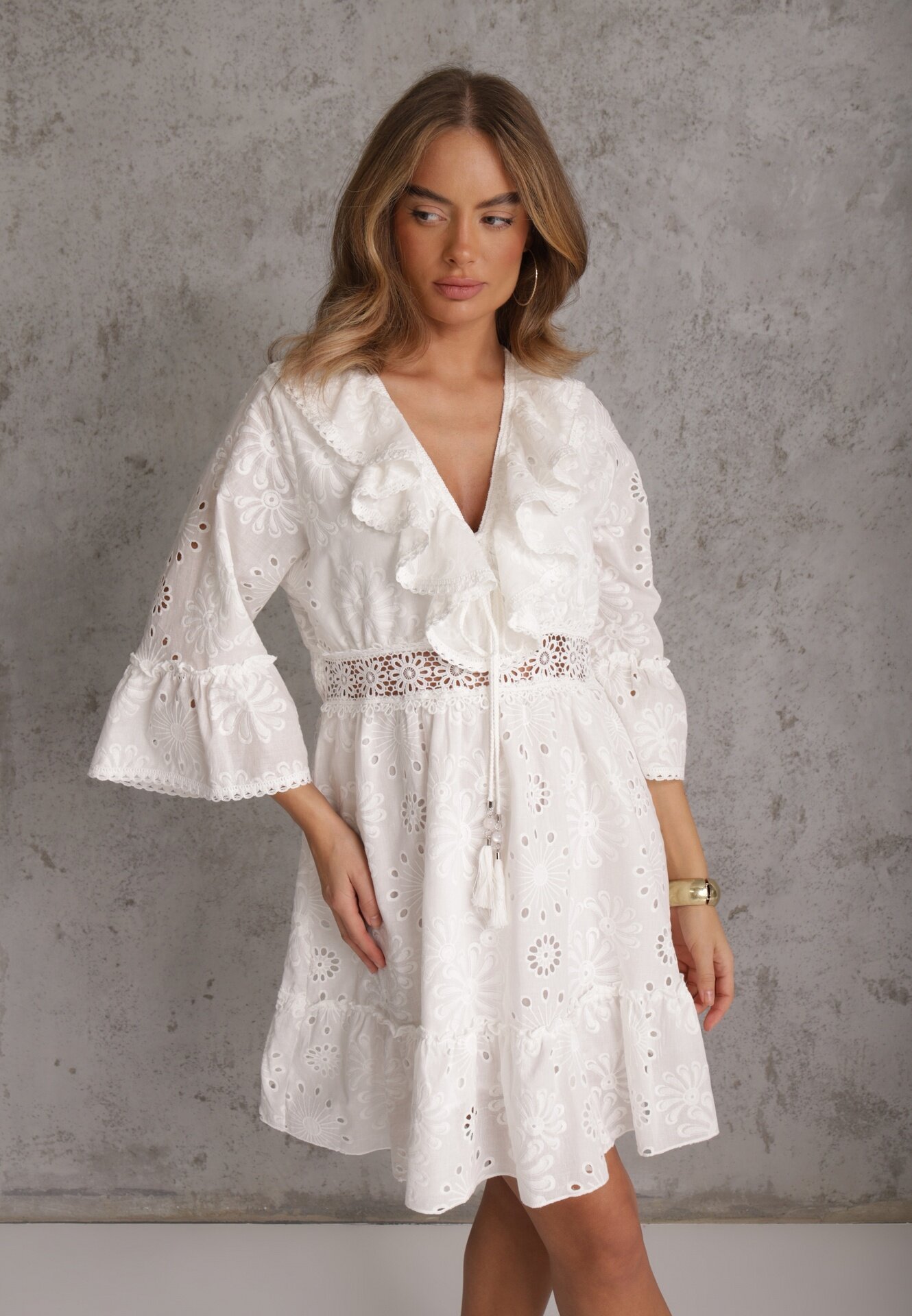 ambitionfly Rochie Mini Albă din Bumbac Decorată cu Broderii și Dantelă Qirelia