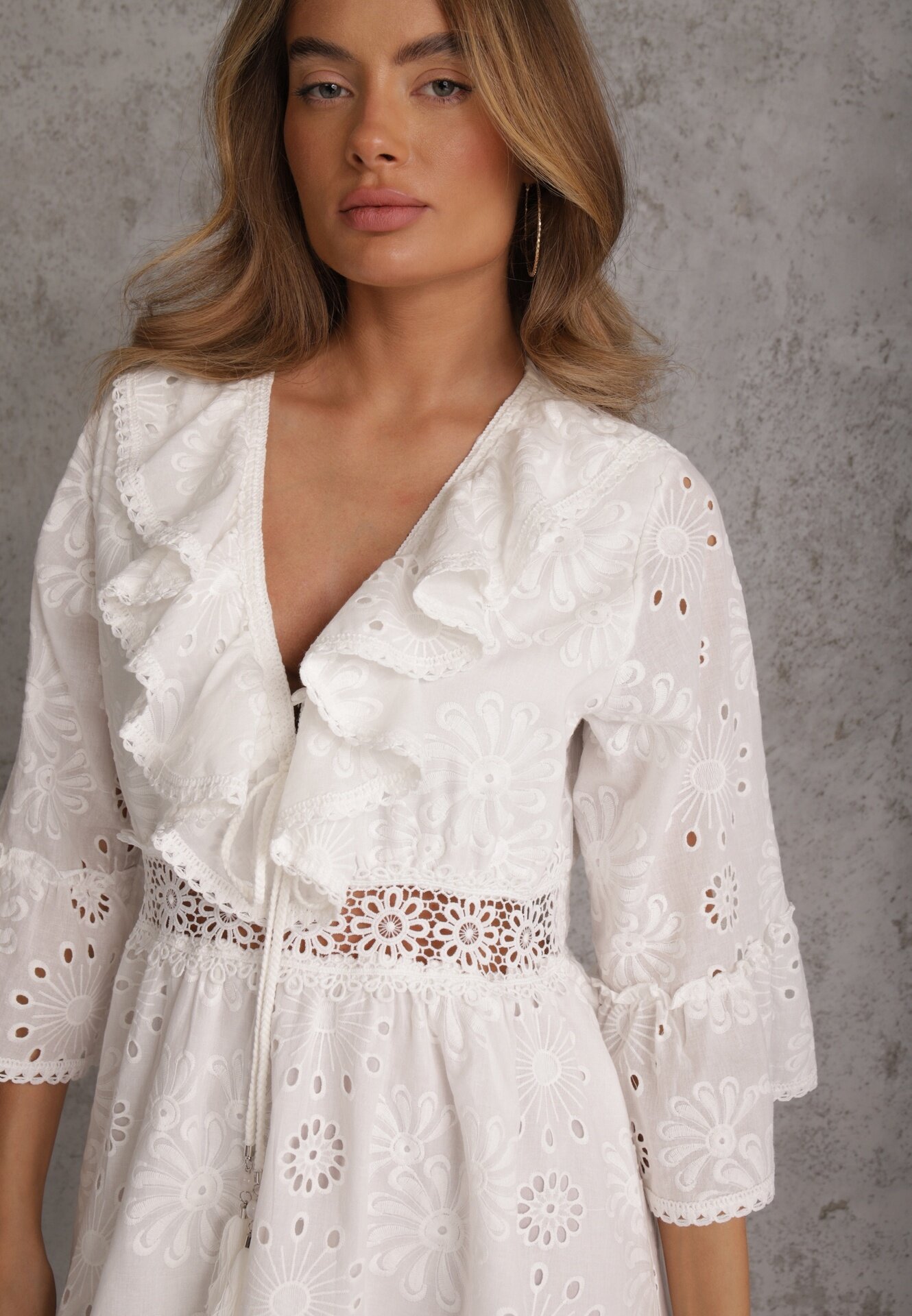 ambitionfly Rochie Mini Albă din Bumbac Decorată cu Broderii și Dantelă Qirelia