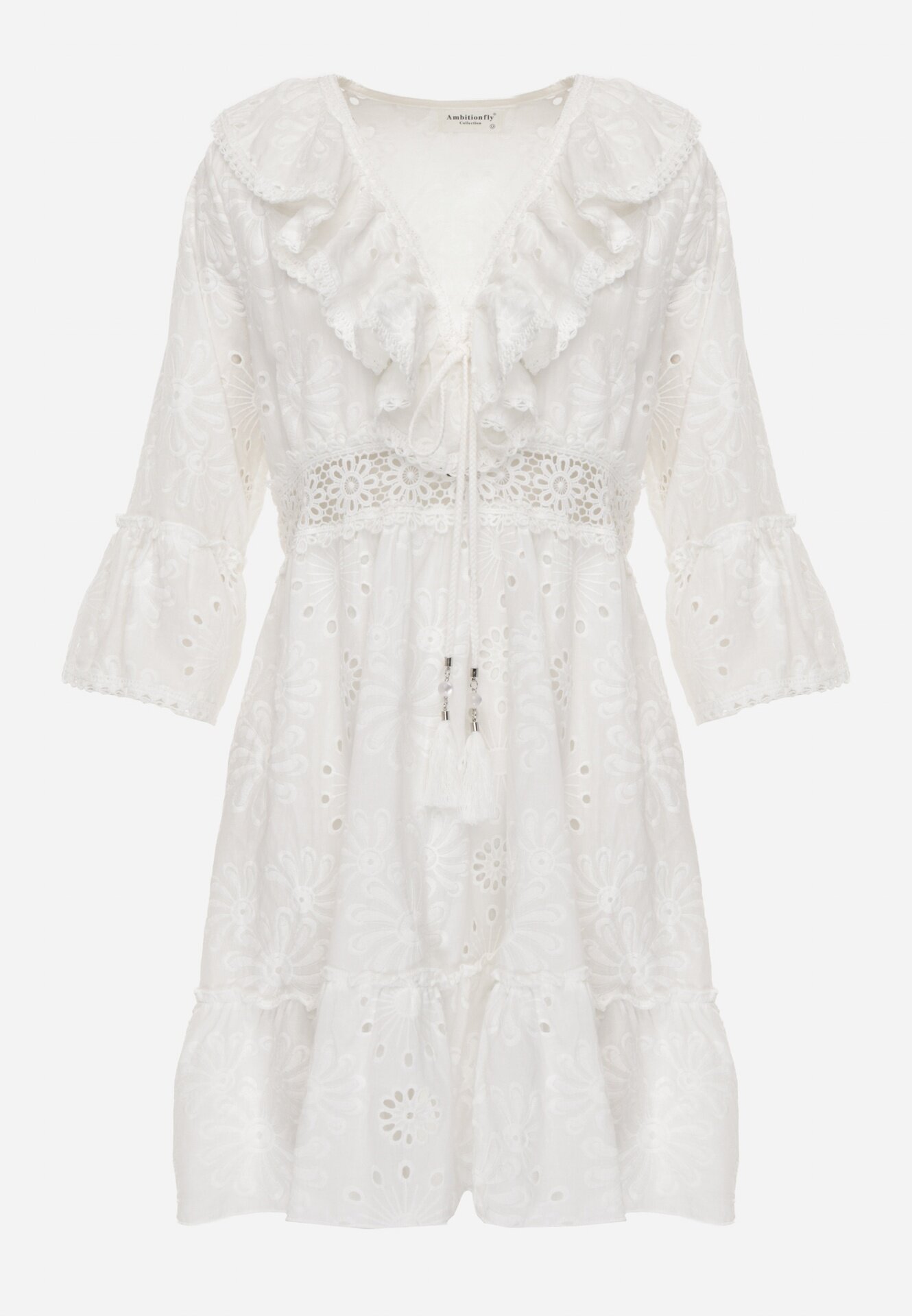ambitionfly Rochie Mini Albă din Bumbac Decorată cu Broderii și Dantelă Qirelia