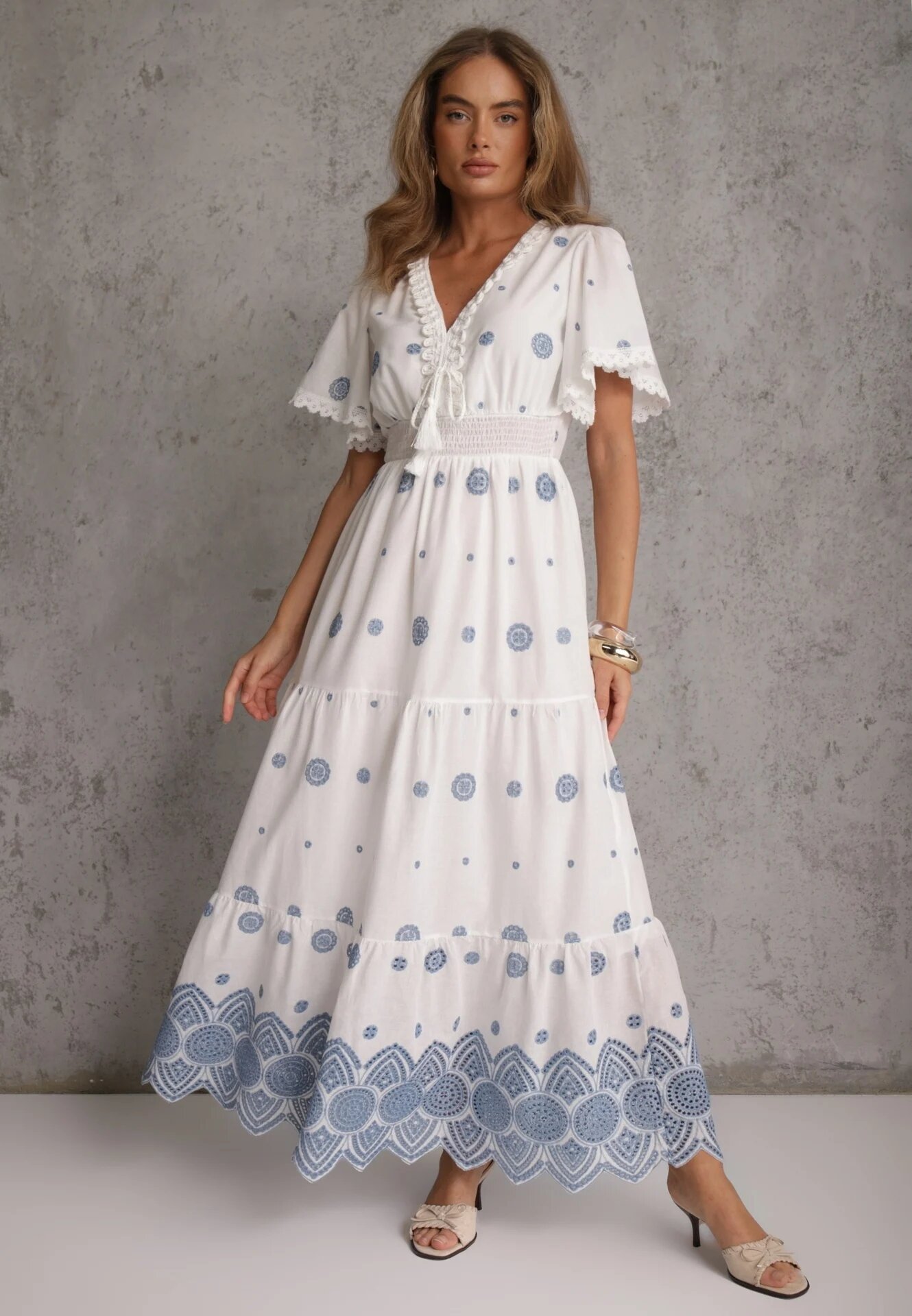 ambitionfly Rochie rustică din bumbac pentru vară decorată cu broderie și ciucuri Damea Albastră