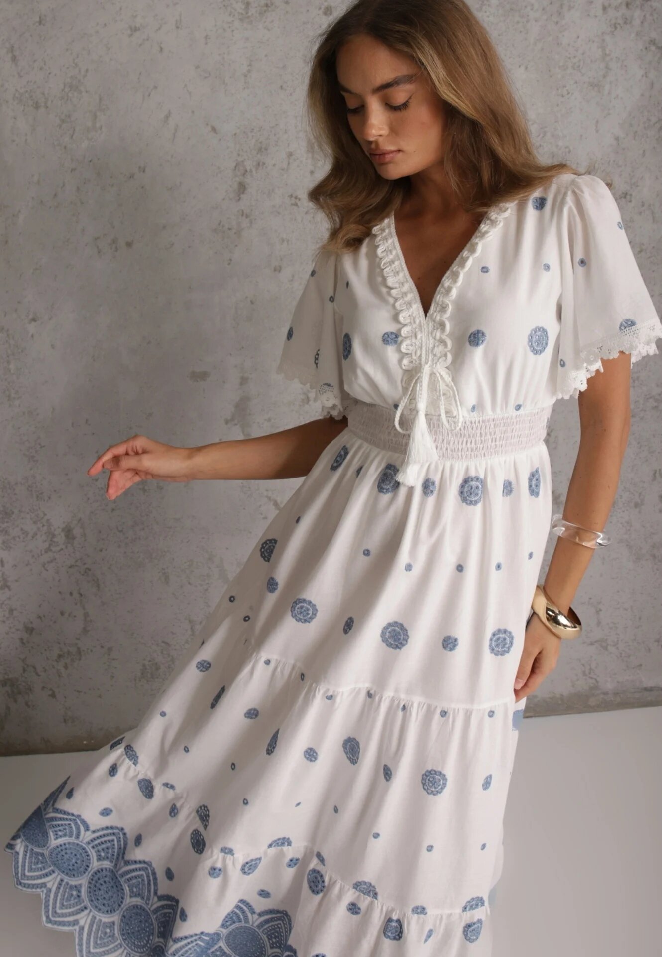ambitionfly Rochie rustică din bumbac pentru vară decorată cu broderie și ciucuri Damea Albastră