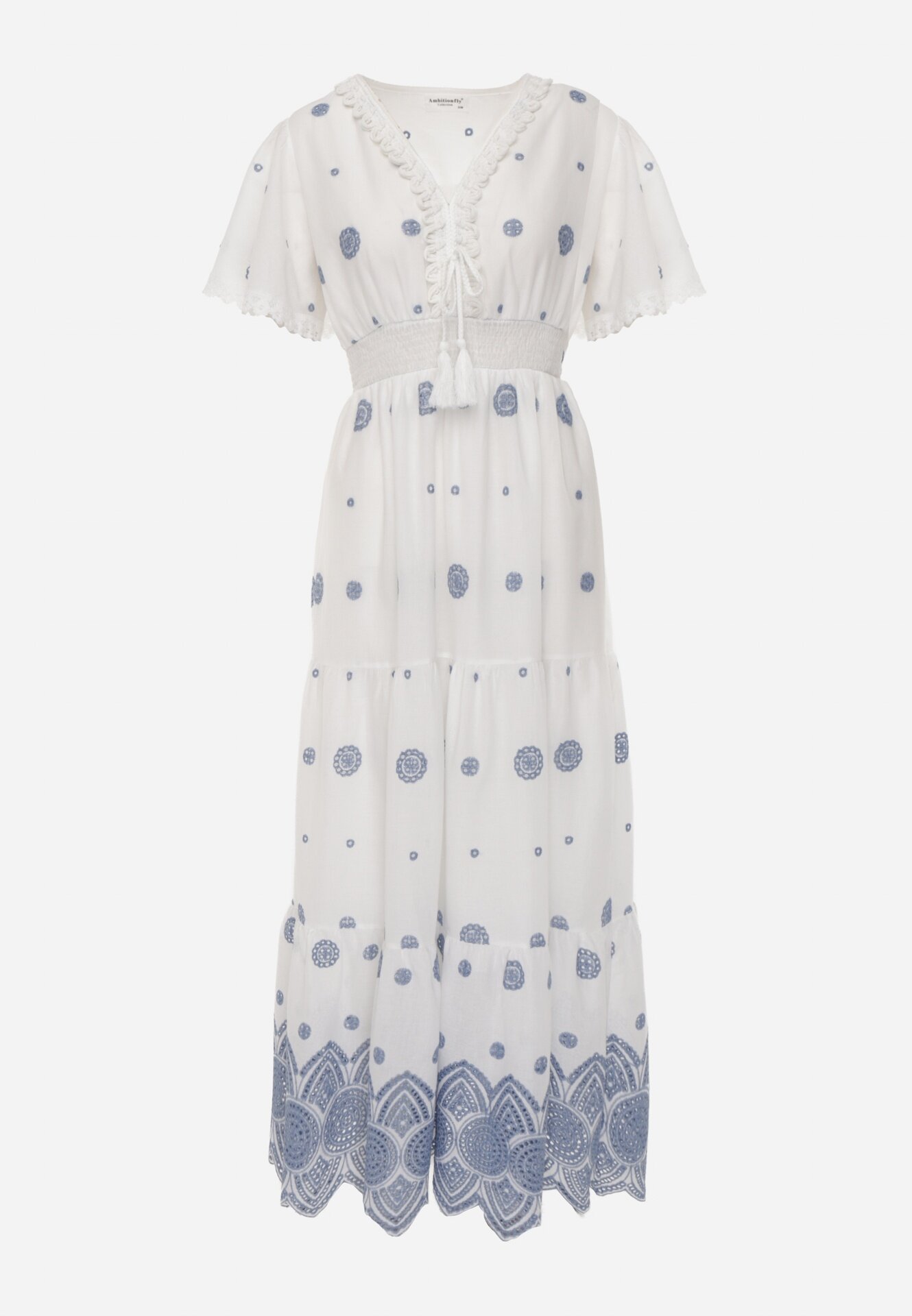 ambitionfly Rochie rustică din bumbac pentru vară decorată cu broderie și ciucuri Damea Albastră