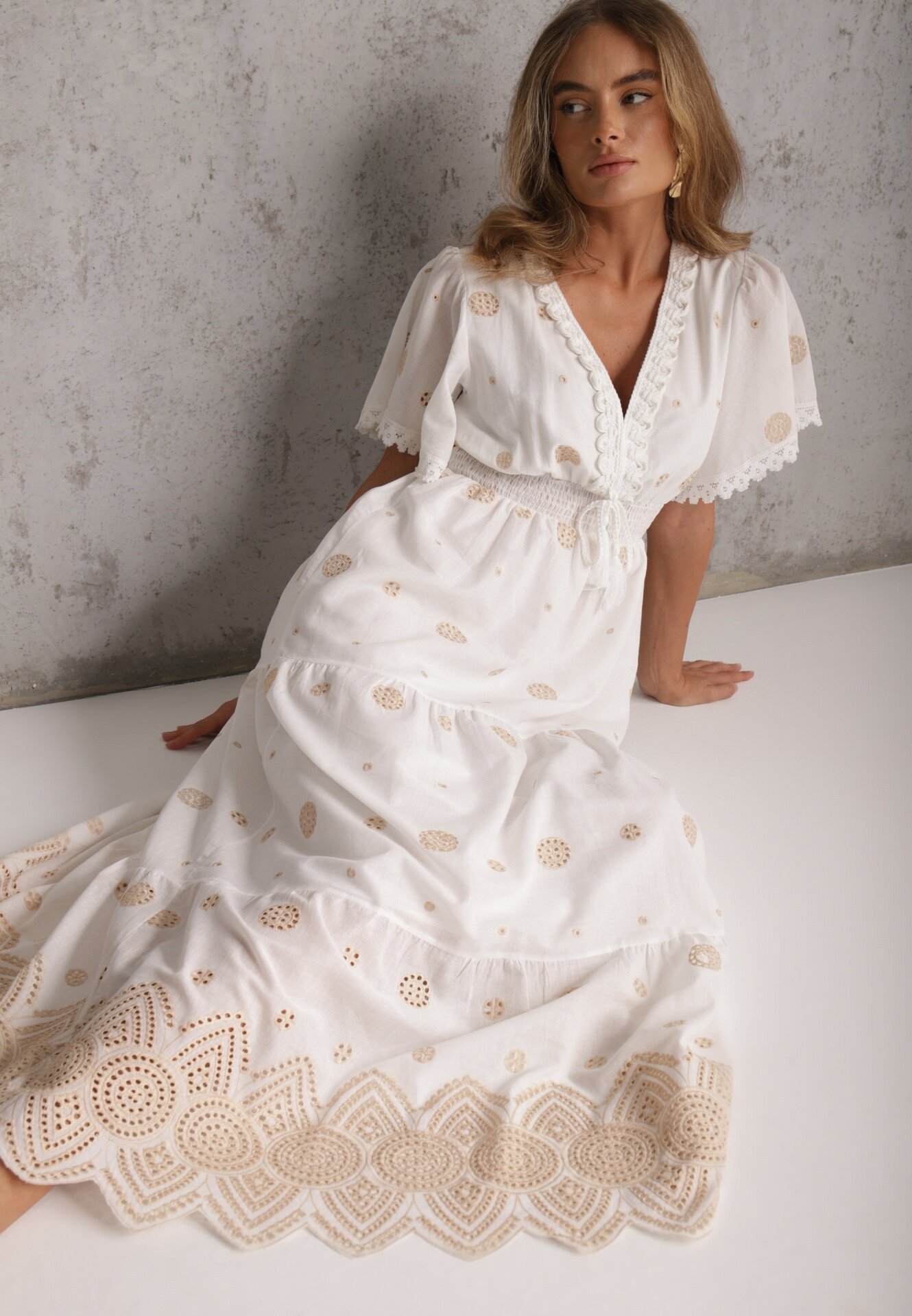 ambitionfly Rochie rustică din bumbac pentru vară decorată cu broderie și ciucuri Damea Bej