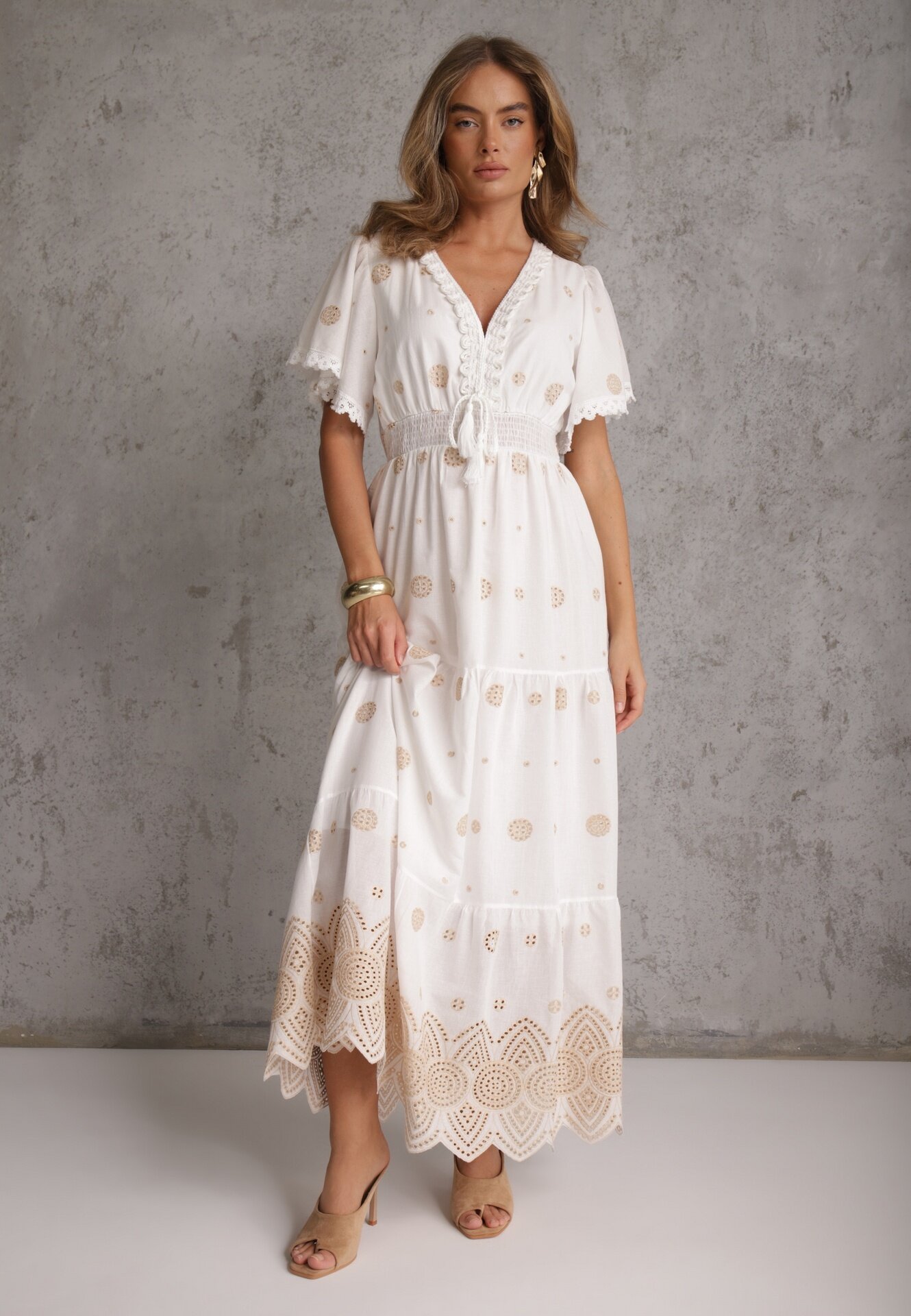 ambitionfly Rochie rustică din bumbac pentru vară decorată cu broderie și ciucuri Damea Bej