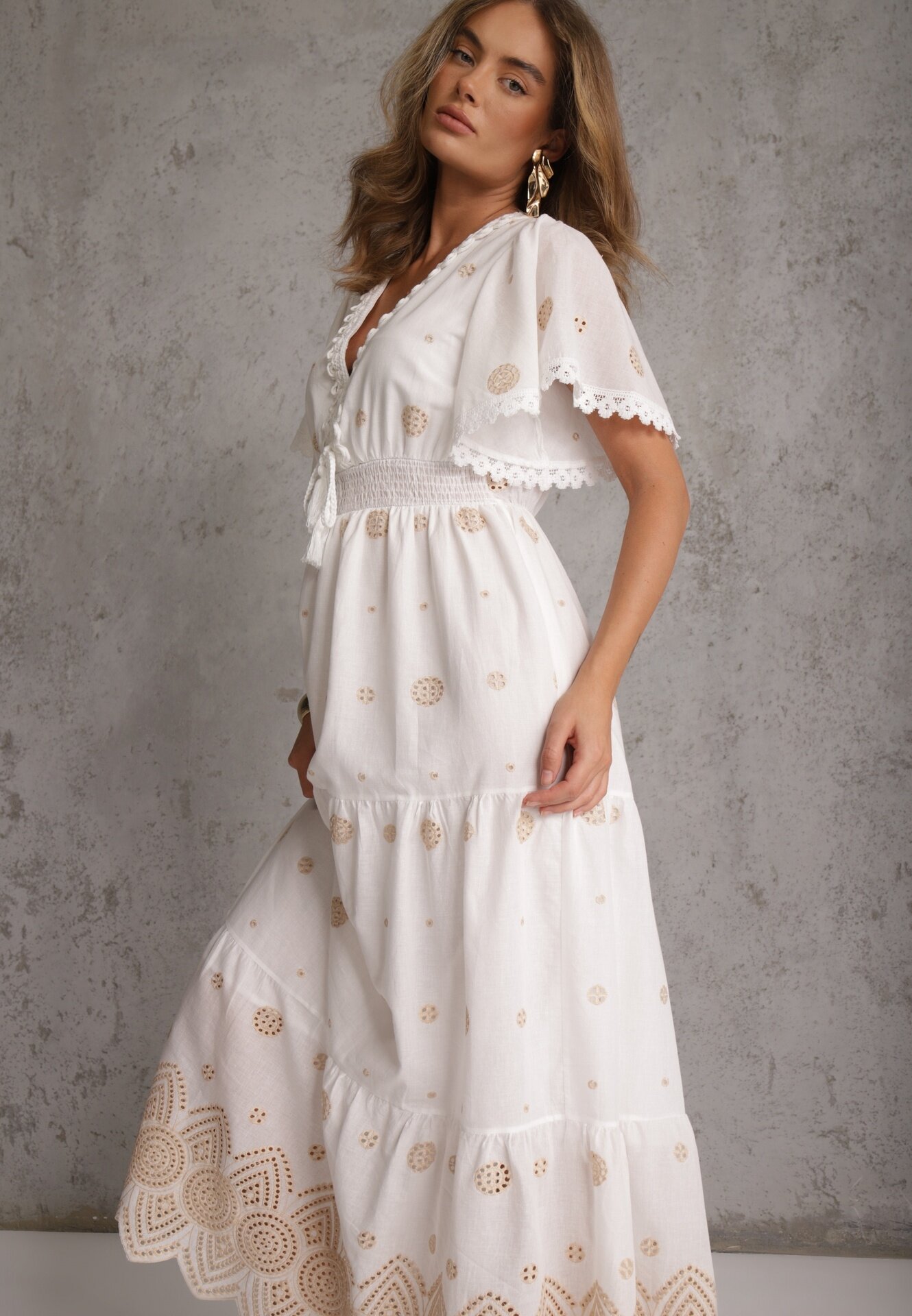 ambitionfly Rochie rustică din bumbac pentru vară decorată cu broderie și ciucuri Damea Bej