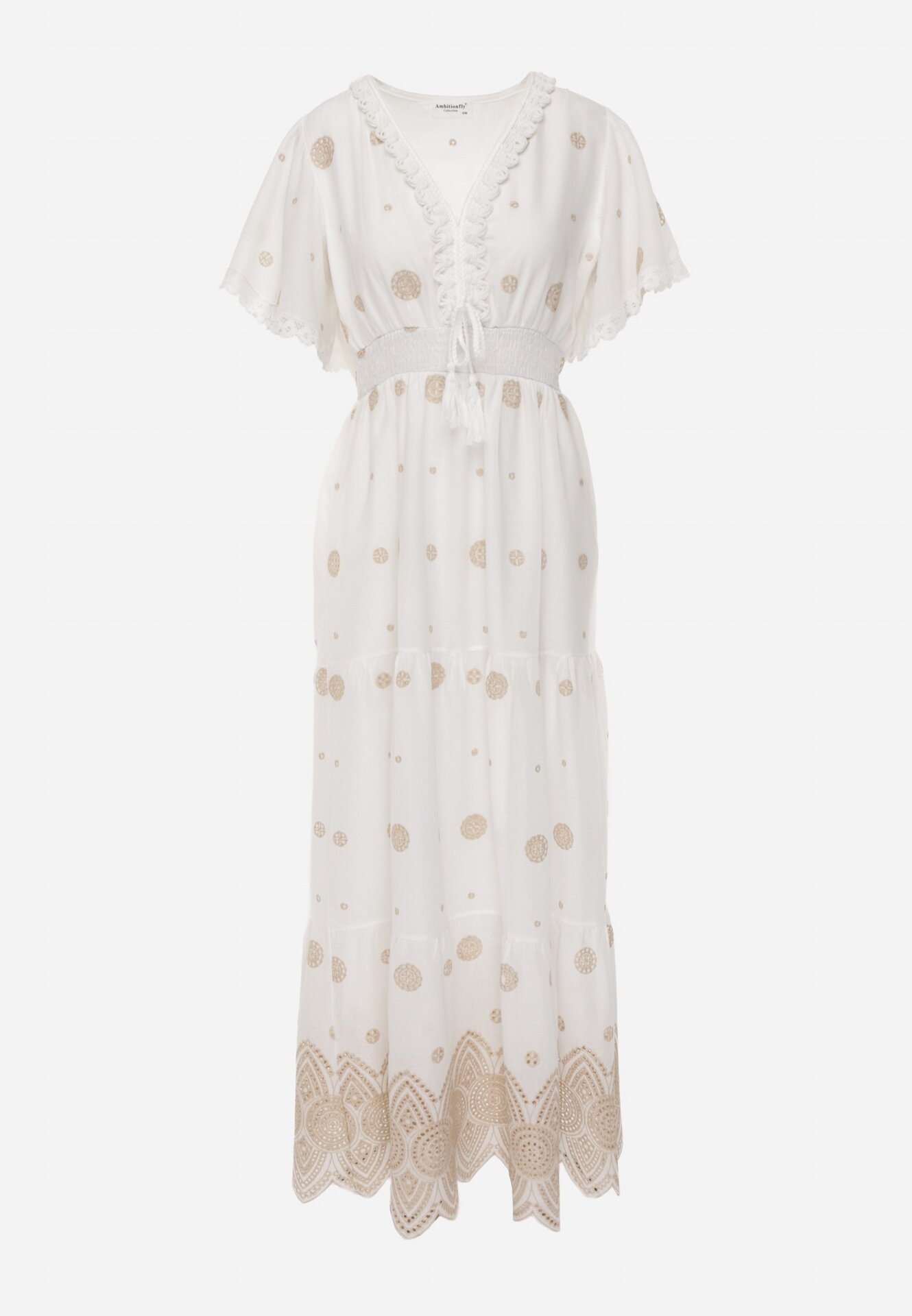 ambitionfly Rochie rustică din bumbac pentru vară decorată cu broderie și ciucuri Damea Bej