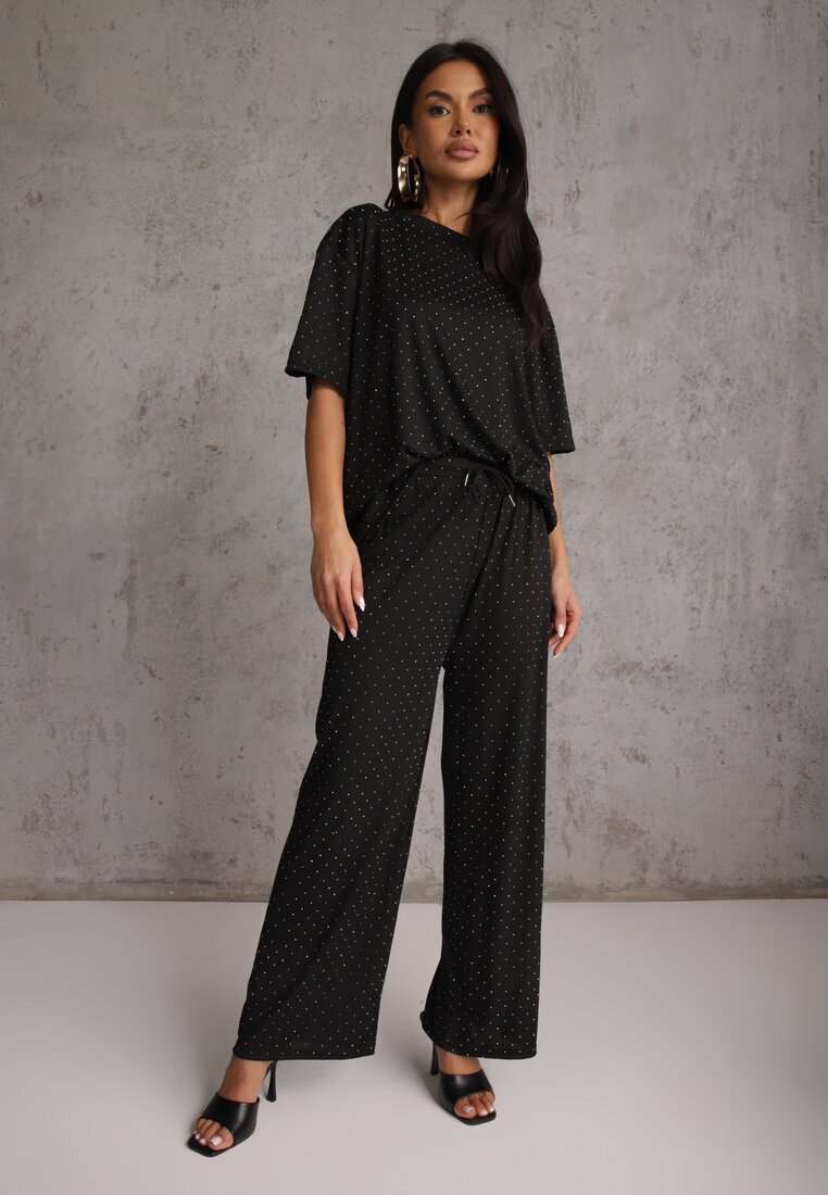 ambitionfly Set Negru Supradimensionat Împodobit cu Zirconii Tricou și Pantaloni Arnateia