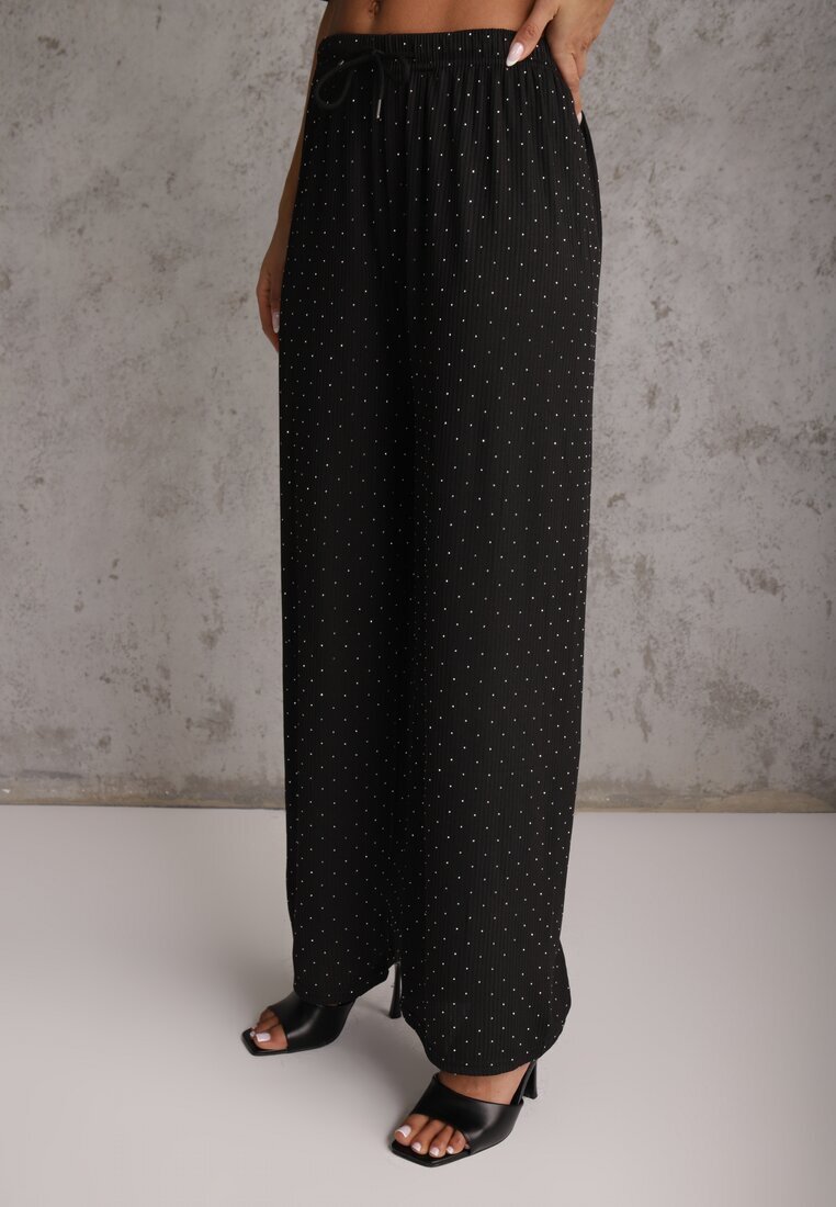 ambitionfly Set Negru Supradimensionat Împodobit cu Zirconii Tricou și Pantaloni Arnateia