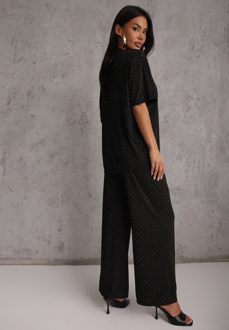 ambitionfly Set Negru Supradimensionat Împodobit cu Zirconii Tricou și Pantaloni Arnateia