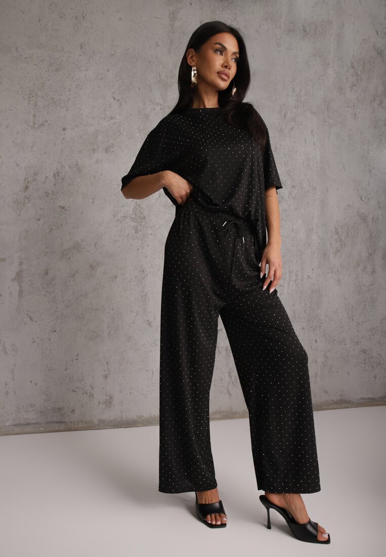 ambitionfly Set Negru Supradimensionat Împodobit cu Zirconii Tricou și Pantaloni Arnateia