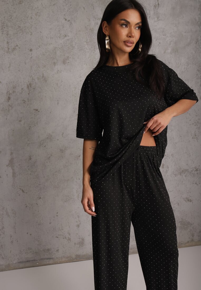 ambitionfly Set Negru Supradimensionat Împodobit cu Zirconii Tricou și Pantaloni Arnateia