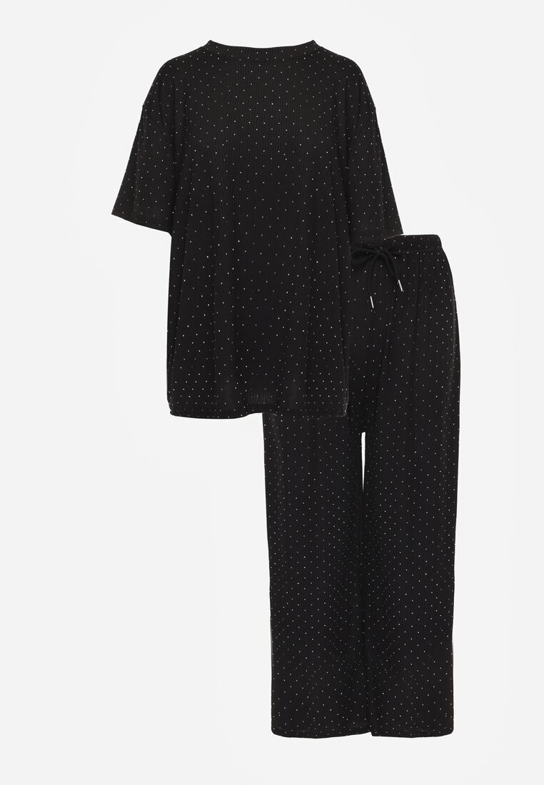 ambitionfly Set Negru Supradimensionat Împodobit cu Zirconii Tricou și Pantaloni Arnateia