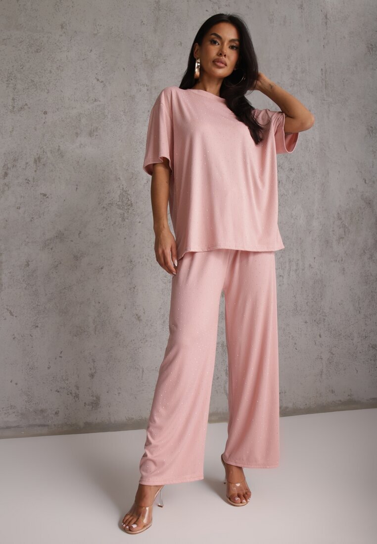 ambitionfly Set Roz Supradimensionat Decorat Cu Zirconii Tricou și Pantaloni Arnateia