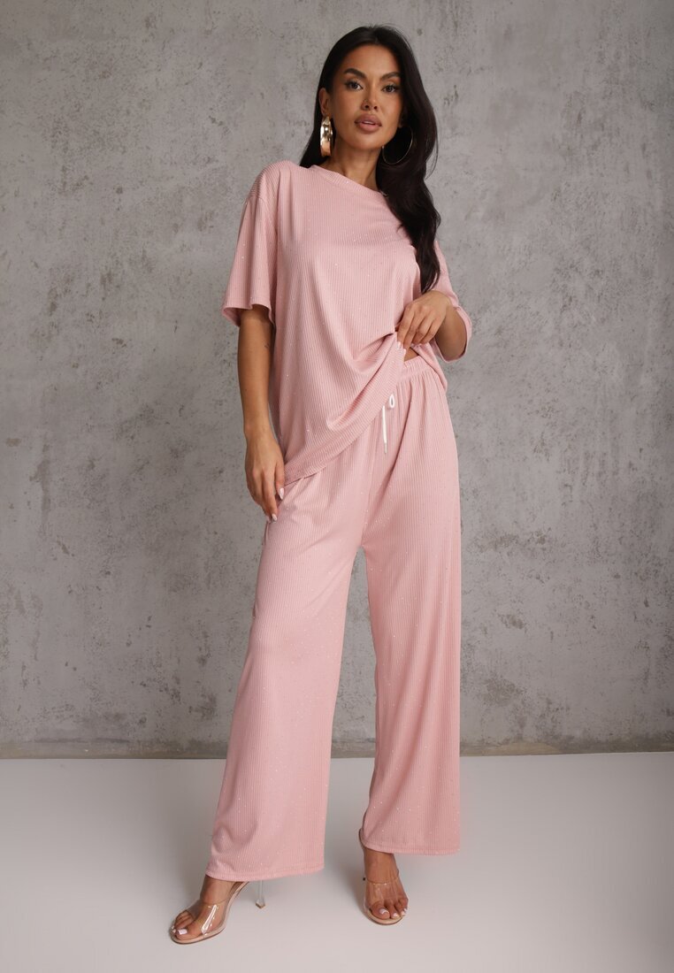 ambitionfly Set Roz Supradimensionat Decorat Cu Zirconii Tricou și Pantaloni Arnateia