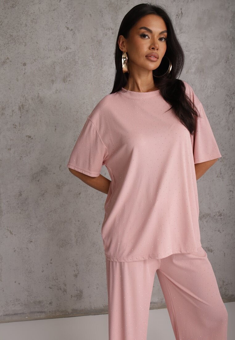 ambitionfly Set Roz Supradimensionat Decorat Cu Zirconii Tricou și Pantaloni Arnateia