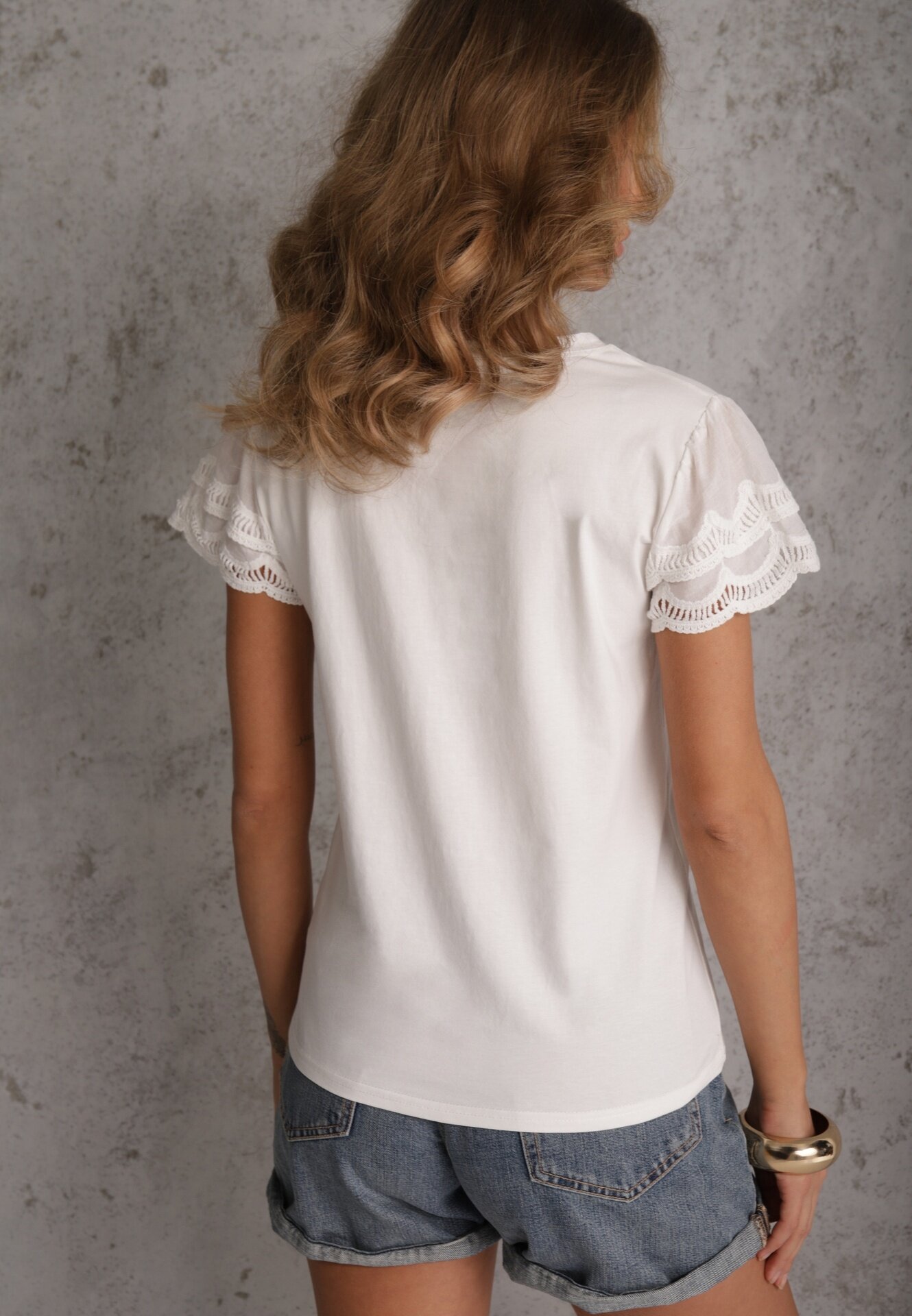 ambitionfly Tricou alb din bumbac cu mâneci din dantelă Hycis