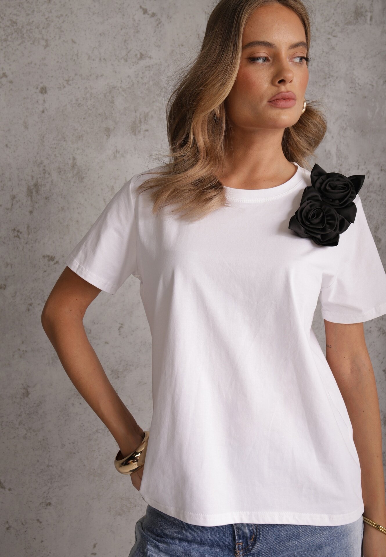 ambitionfly Tricou Alb-Negru Din bumbac Cu croială clasică cu aplicații florale 3D Morgane