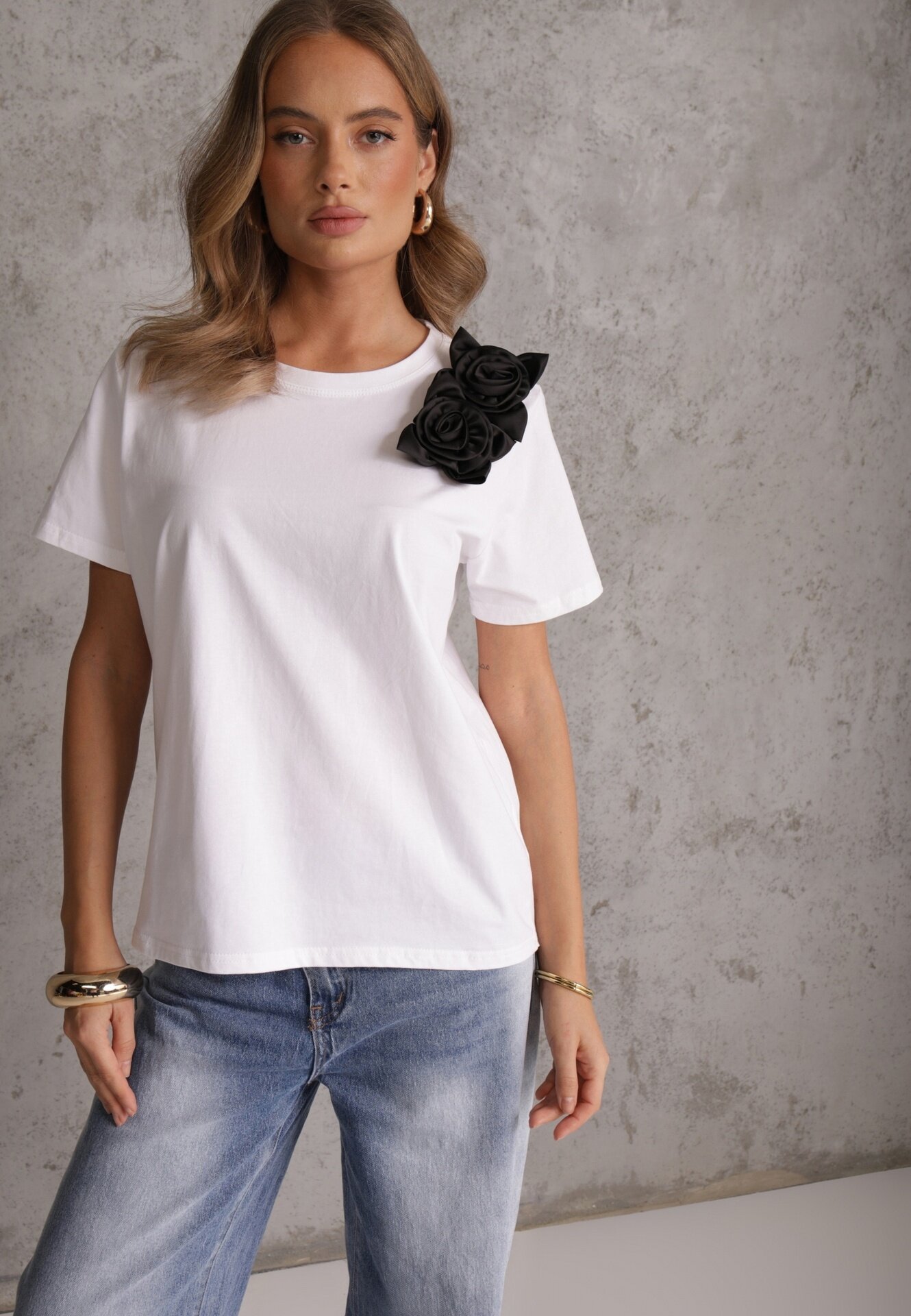 ambitionfly Tricou Alb-Negru Din bumbac Cu croială clasică cu aplicații florale 3D Morgane