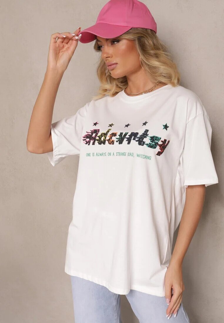 ambitionfly Tricou Alb Supradimensionat Decorat cu Text și Stele Colorate Ilamora