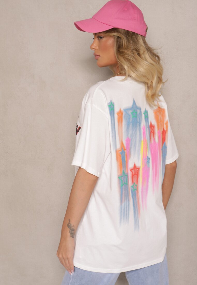 ambitionfly Tricou Alb Supradimensionat Decorat cu Text și Stele Colorate Ilamora