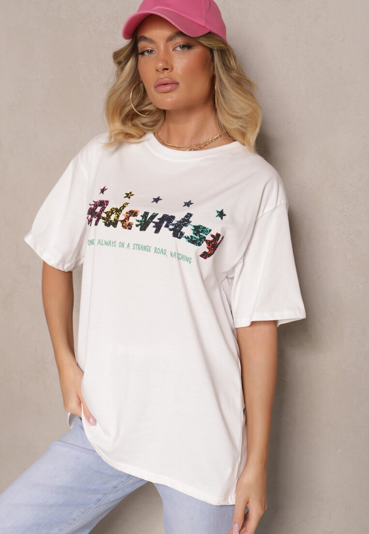 ambitionfly Tricou Alb Supradimensionat Decorat cu Text și Stele Colorate Ilamora