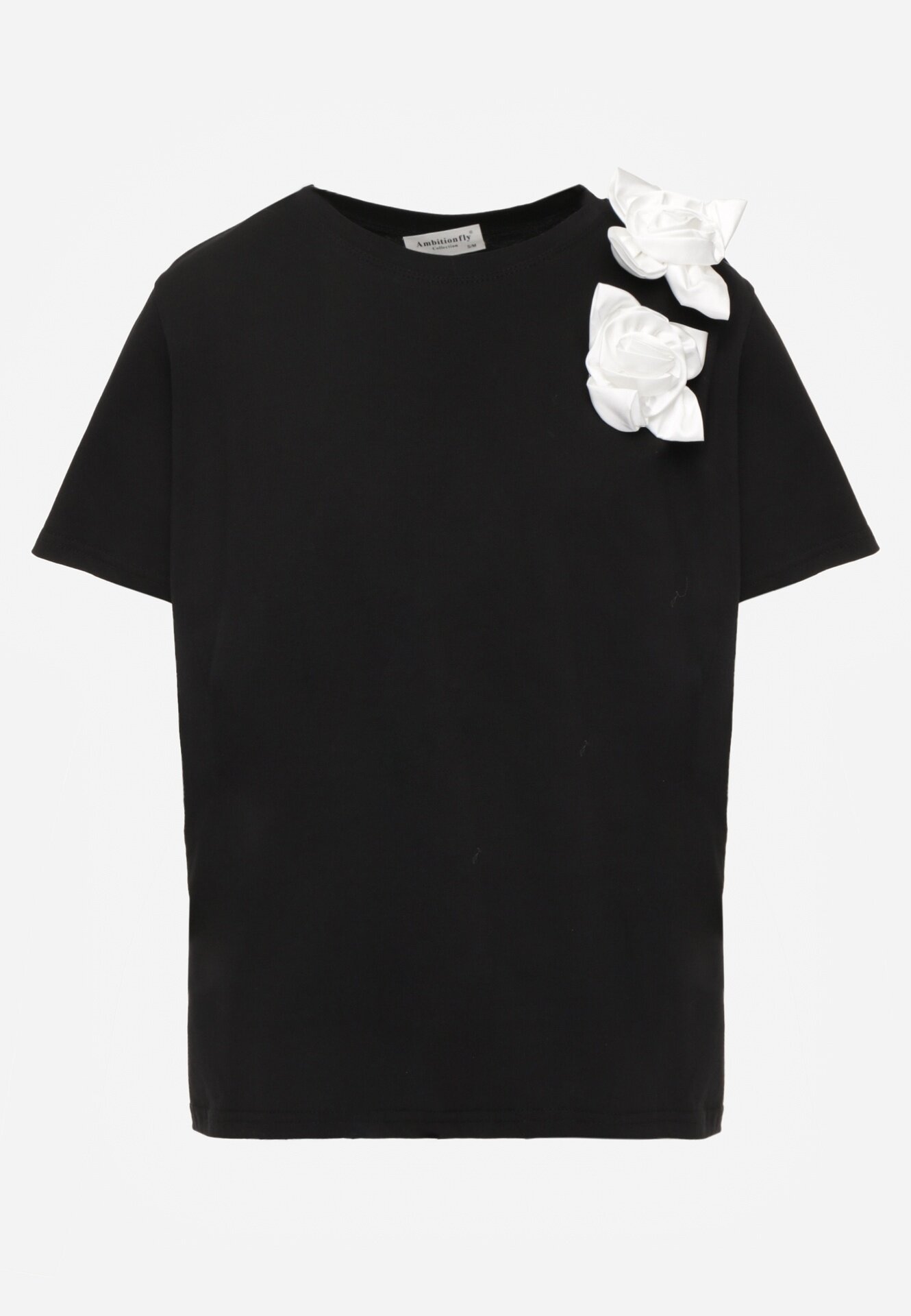 ambitionfly Tricou din bumbac Negru-Alb cu croială clasică cu aplicații florale 3D Morgane
