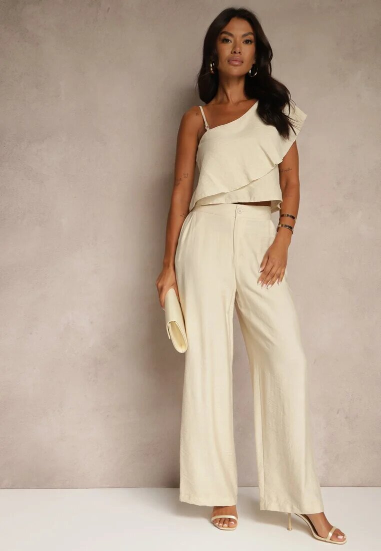 ann gissy Compleu bej din Vâscoză Top cu volănaș pe un umăr și Pantaloni Wide Leg Nirellea