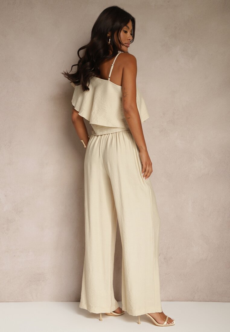 ann gissy Compleu bej din Vâscoză Top cu volănaș pe un umăr și Pantaloni Wide Leg Nirellea