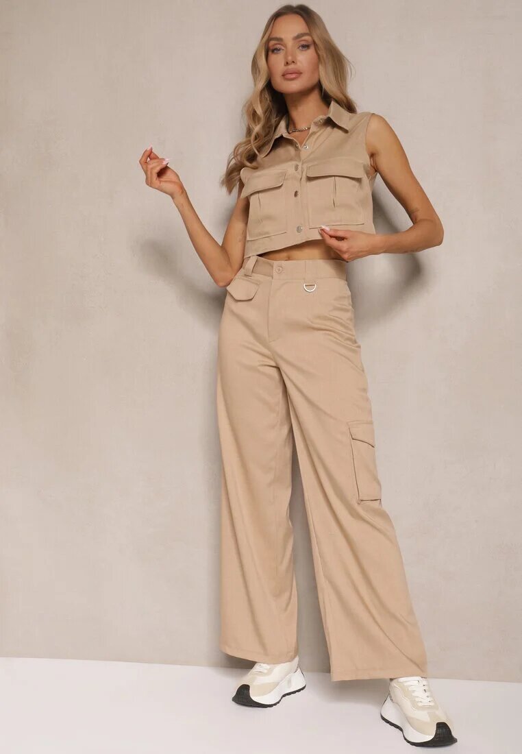 ann gissy Compleu bej Vestă cămașă și Pantaloni largi stil Cargo Zibelle
