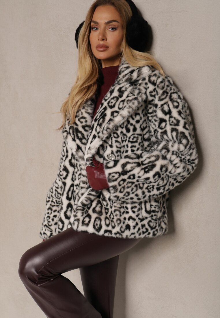 ann gissy Jachetă Albă din blană cu imprimeu leopard și buzunare Delinnea