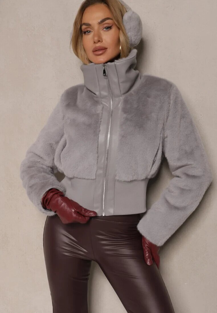ann gissy Jachetă Gri de blană scurtă cu guler decorativ și elastic Semiritae