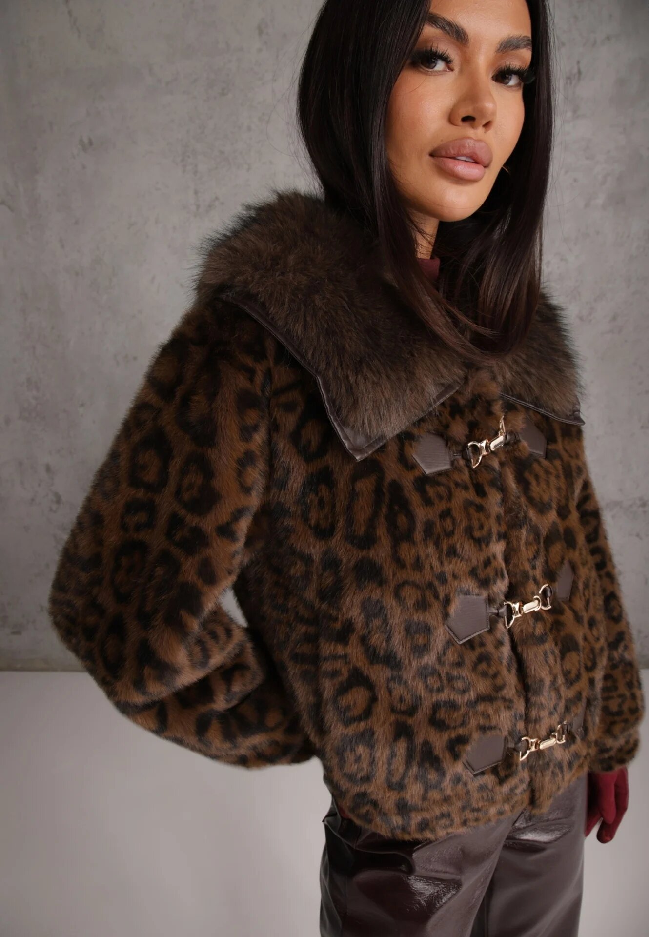 ann gissy Jachetă Maro Scurtă de Blană cu Imprimeu Leopard cu Închidere Originală Otizana