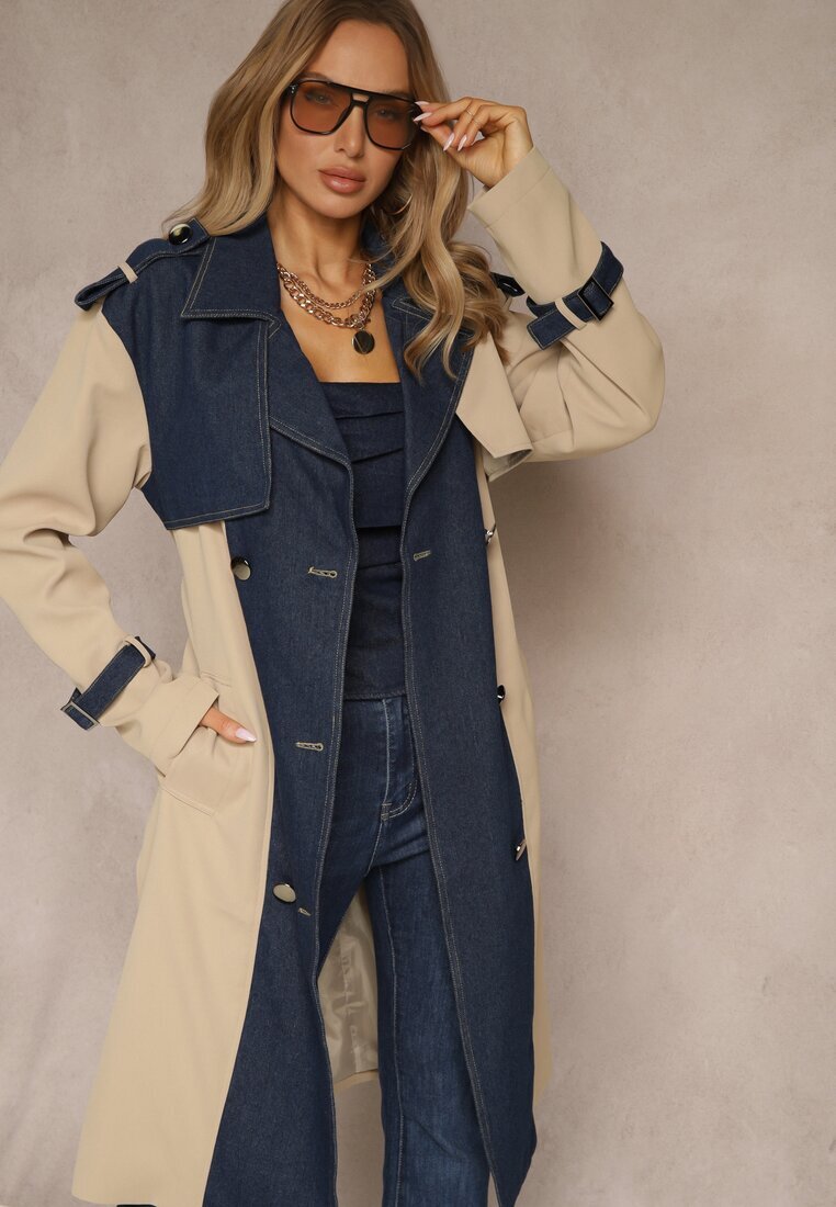 ann gissy Palton Bej-bleumarin din bumbac tip trenci cu inserții din denim Felsedi