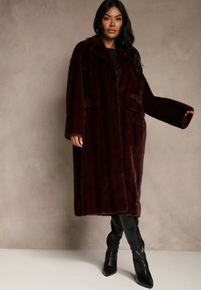 ann gissy Palton de blană Bordeaux Oversize cu buzunare cu clape Zellnessa
