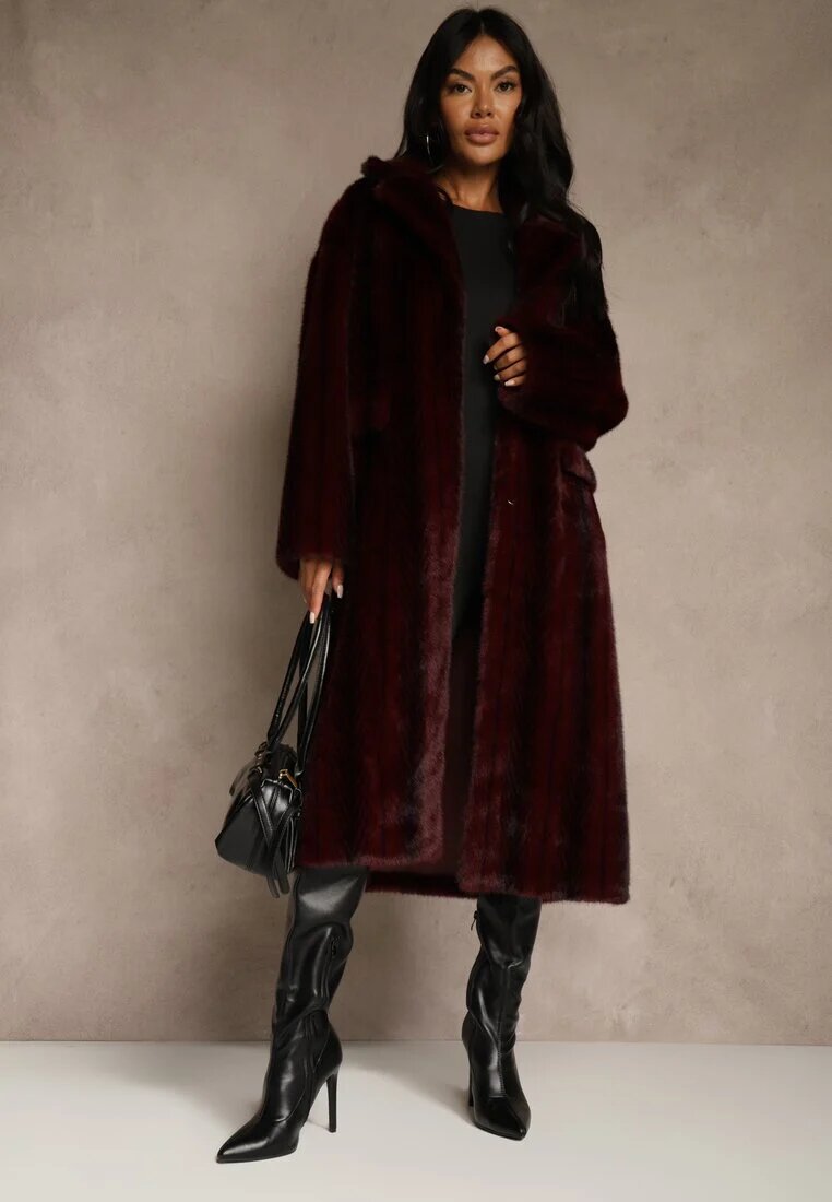 ann gissy Palton de blană Bordeaux Oversize cu buzunare cu clape Zellnessa