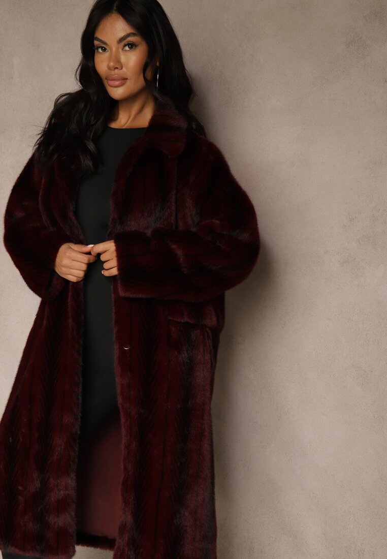 ann gissy Palton de blană Bordeaux Oversize cu buzunare cu clape Zellnessa
