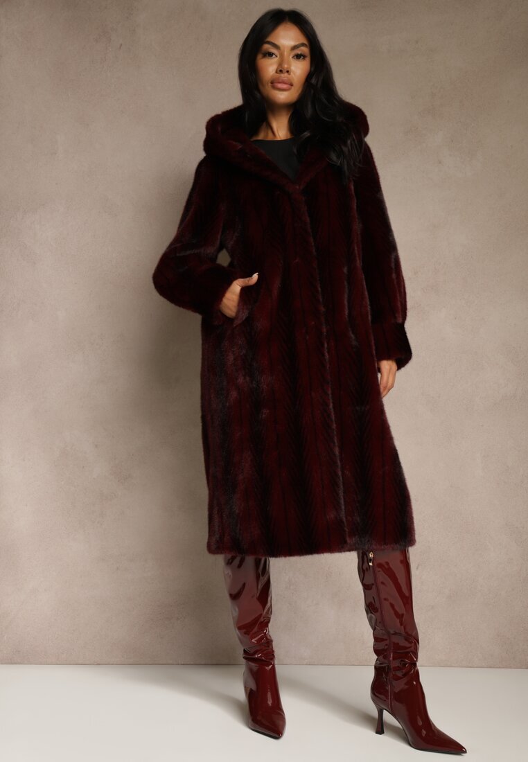 ann gissy Palton de blană Bordo cu glugă Decorat cu model vertical Elrinrahne