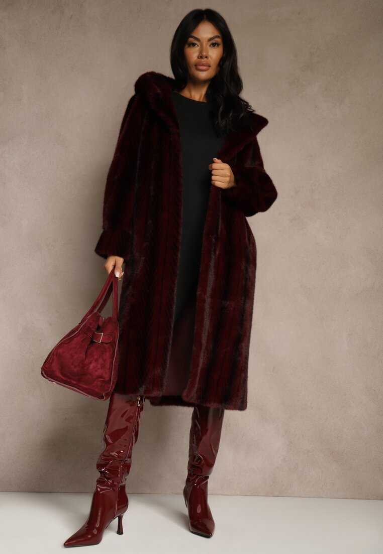 ann gissy Palton de blană Bordo cu glugă Decorat cu model vertical Elrinrahne