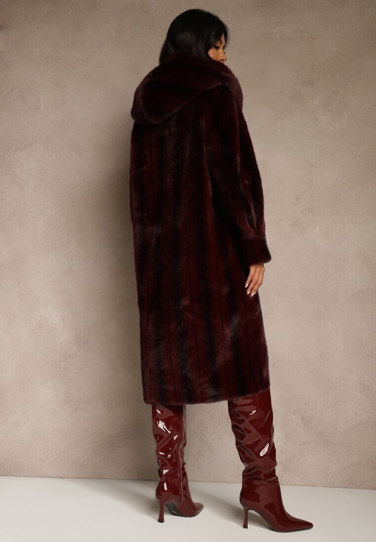 ann gissy Palton de blană Bordo cu glugă Decorat cu model vertical Elrinrahne