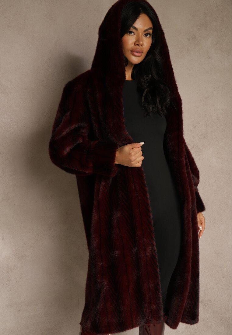 ann gissy Palton de blană Bordo cu glugă Decorat cu model vertical Elrinrahne