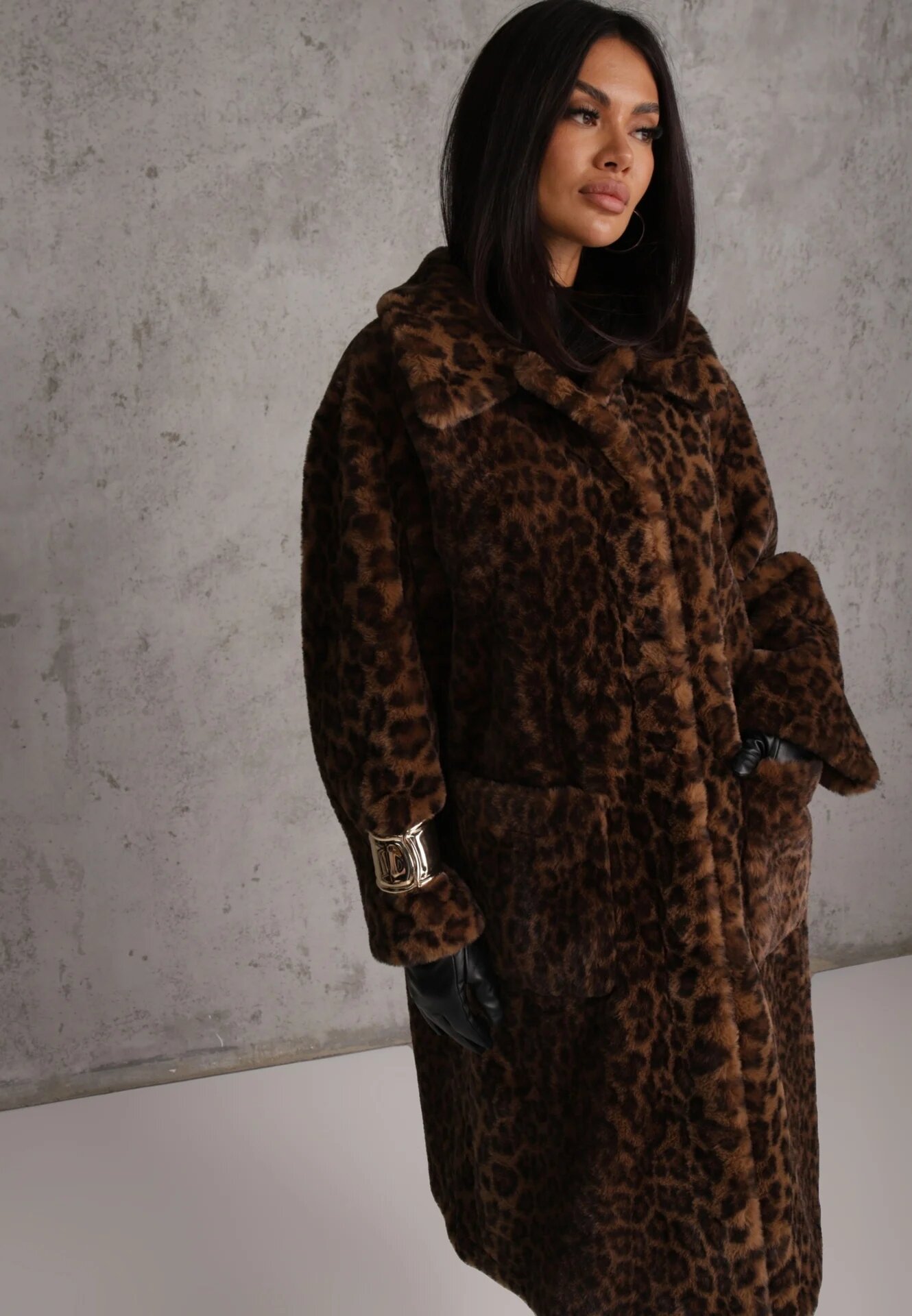 ann gissy Palton de blană Maro cu imprimeu leopard cu croială la un rând de nasturi Otirela