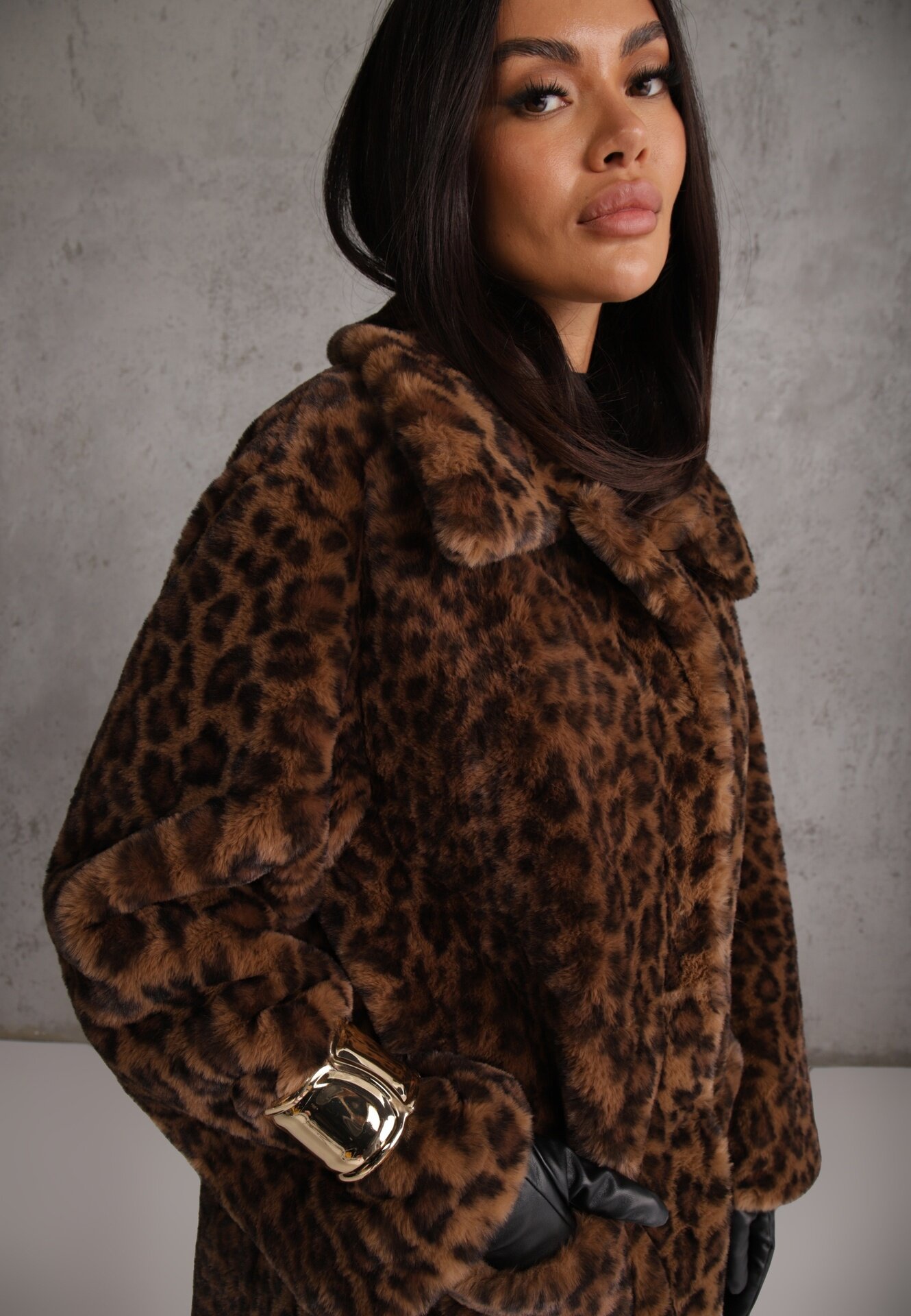 ann gissy Palton de blană Maro cu imprimeu leopard cu croială la un rând de nasturi Otirela