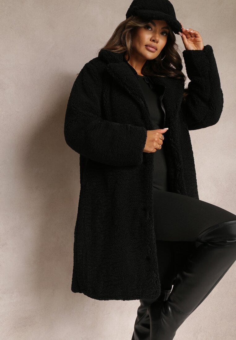 ann gissy Paltou Negru Oversize din Blană Plușată cu Căciulă Jillo