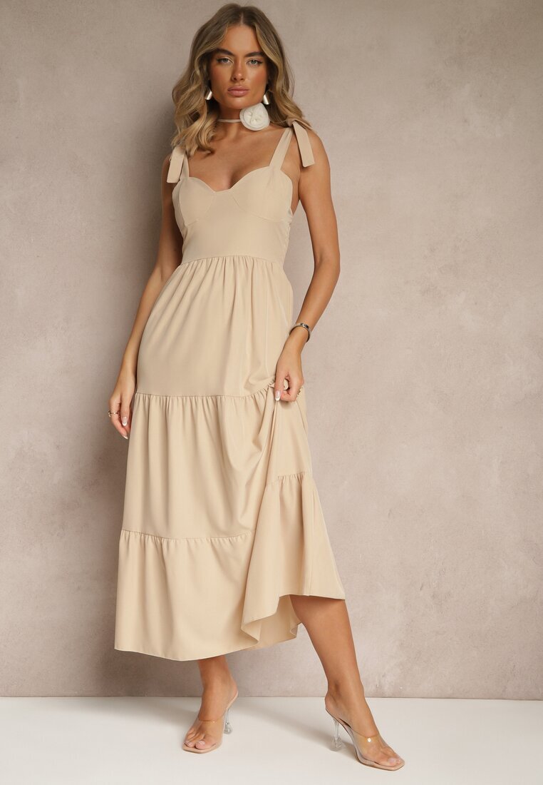ann gissy Rochie Bej cu Vâscoză Volane și Legătură Nilarrea
