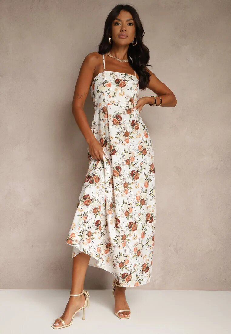 ann gissy Rochie Evazată Bej din Viscoză cu Imprimeu Floral Nalivie