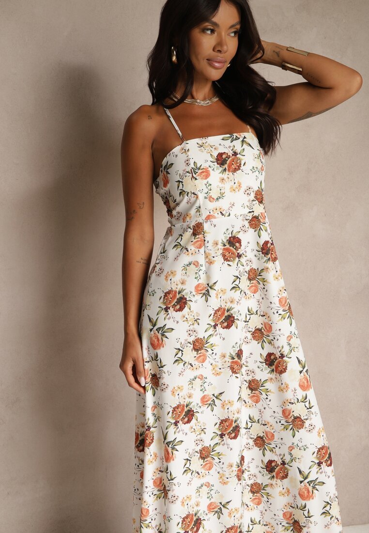 ann gissy Rochie Evazată Bej din Viscoză cu Imprimeu Floral Nalivie